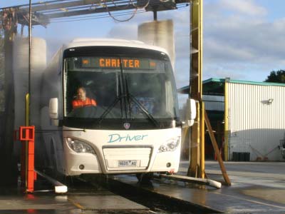 Bus Wash, bus being washed at Driver Bus Lines