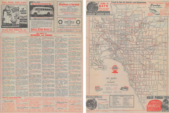 1936 Melbourne Bus Routes Map produced by the Metropolitan Omnibus Proprietors Association (MOPA).