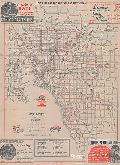 1936 Melbourne Bus Routes Map produced by the Metropolitan Omnibus Proprietors Association (MOPA).