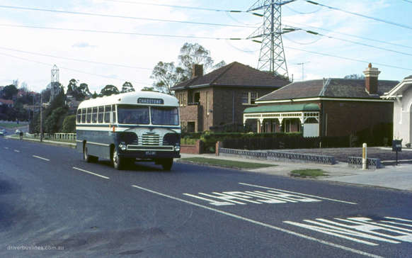 1963 Bedford SB3 Bus, in Driver Bus Lines paint, travelling west along High Street Glen Iris, Circa 1960s.