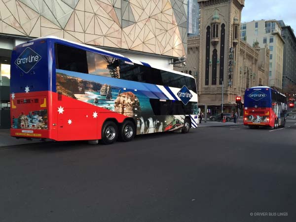 Gray Line double decker coaches at Federation Square, Melbourne